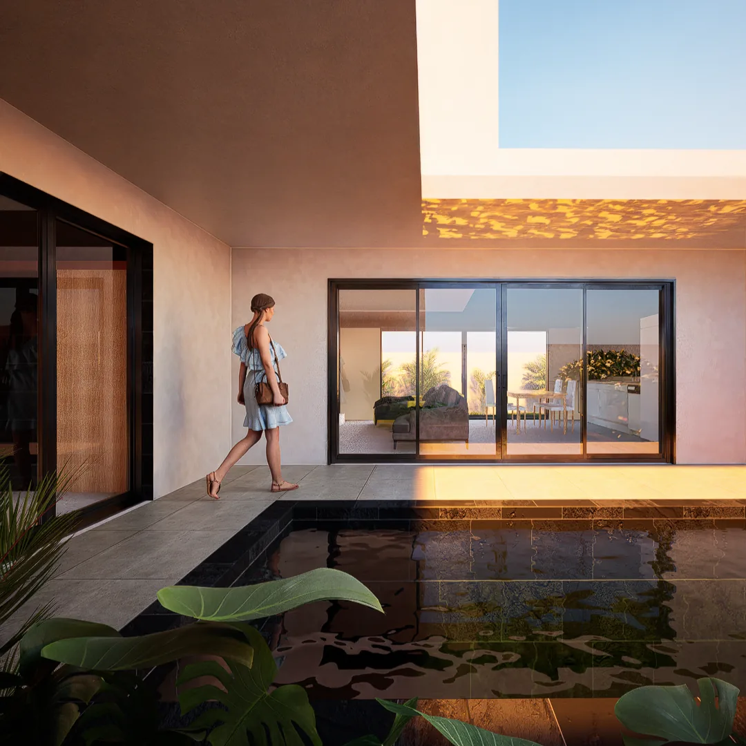 Patio ombragé et bassin d'une maison bioclimatique à Étang-Salé, La Réunion 974, rendu 3D Tropitekture