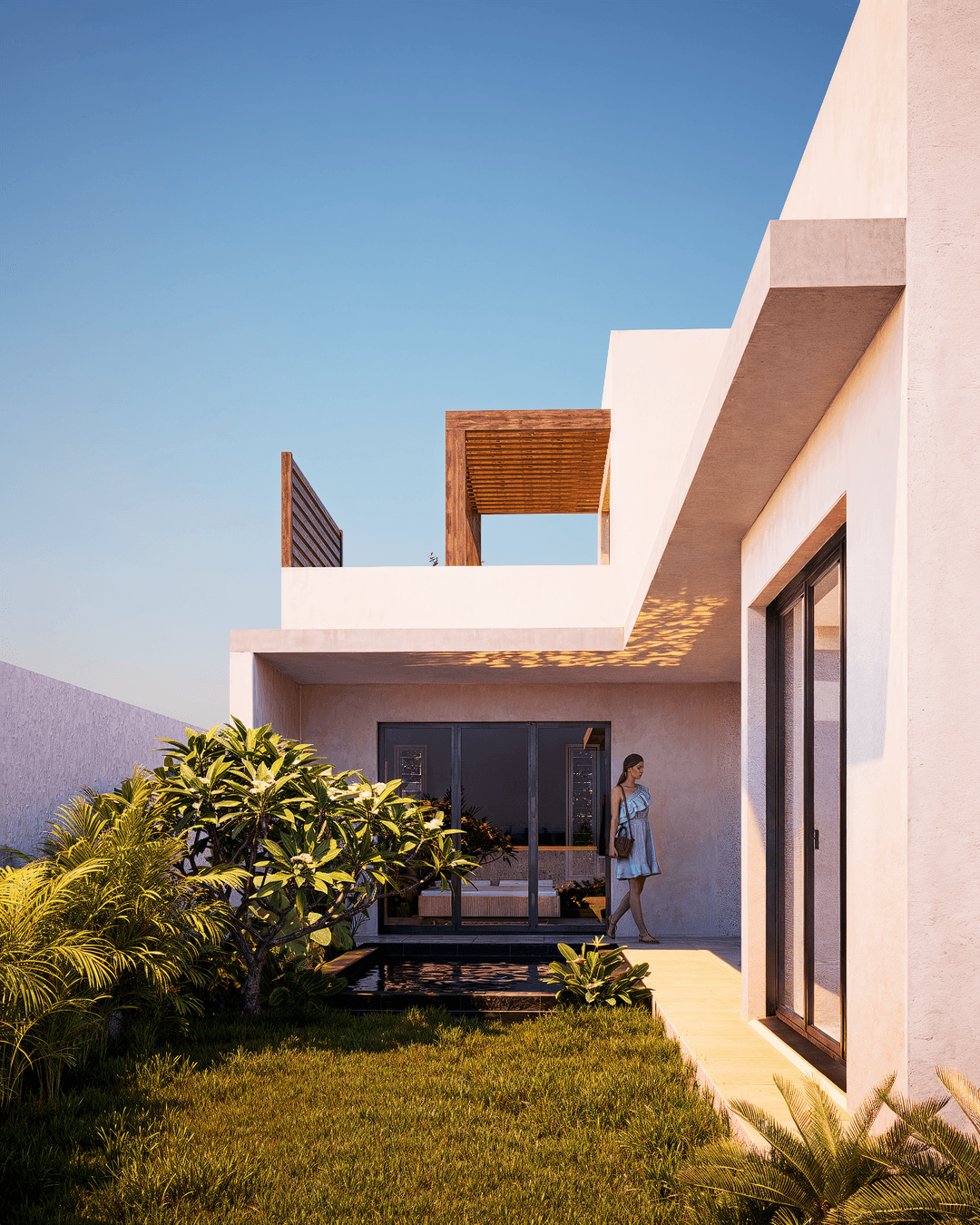 Rendu 3D extérieur d’une maison bioclimatique à La Réunion — Tropitekture