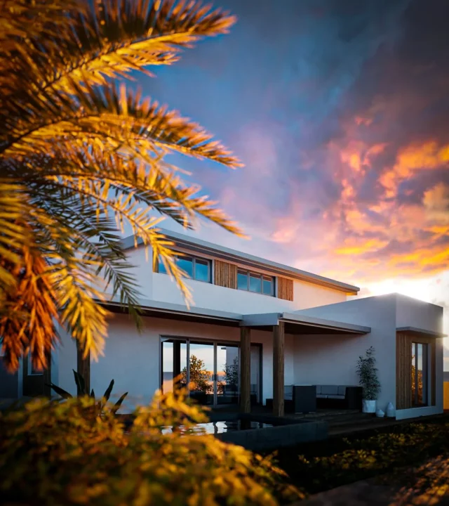Villa contemporaine à Saint-Leu au coucher du soleil, La Réunion 974, rendu 3D des plans et du permis de construire Tropitekture